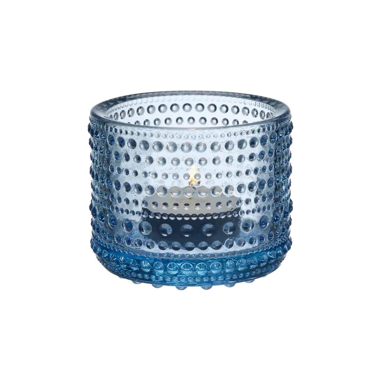 Blauwe glazen kaarsenhouder met textuur in de Iittala Kastehelmi collectie