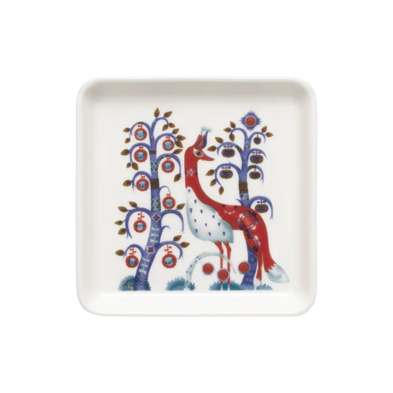 Square decorative plate with animal and tree design, bord vierkant 12 x 12 cm wit