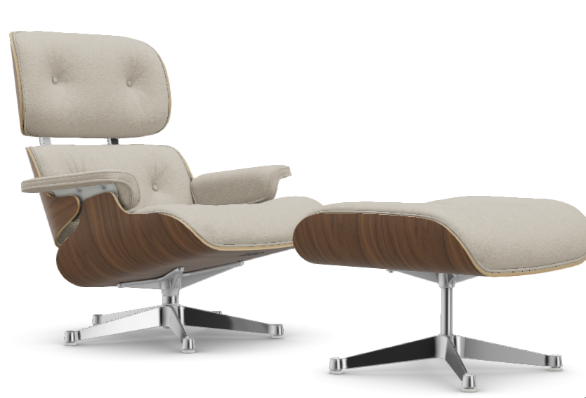 vitra Eames Lounge Chair & Ottoman - wit notenhout / Nubia - wit notenhout & Nubia cream / pearl